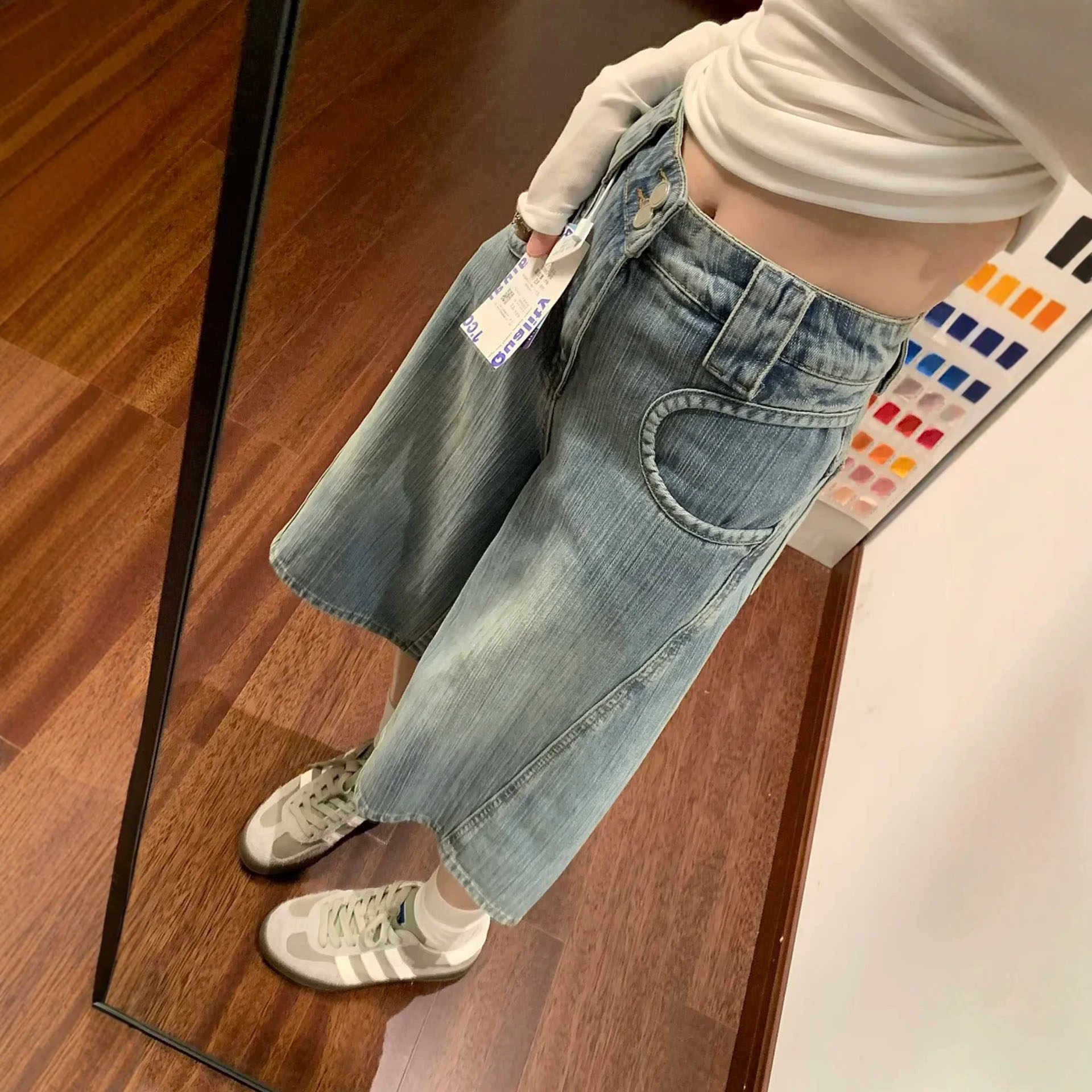 今年流行竹节纹阔腿牛仔裤女2026夏季新款薄款显瘦七分直筒短裤子