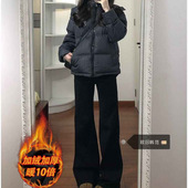 2025夏季 新款 加绒黑色微喇牛仔裤 大码 女弹力梨型身材直筒喇叭裤 子