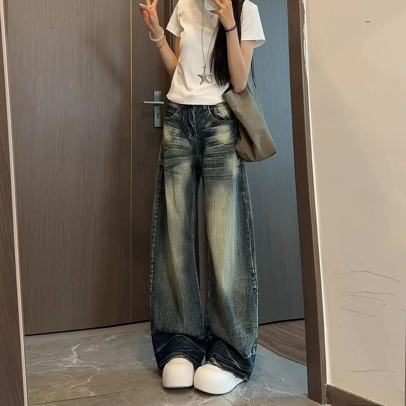 2026裤子女夏季复古蓝阔腿弯刀牛仔裤女高腰遮肉显瘦百搭拖地长裤