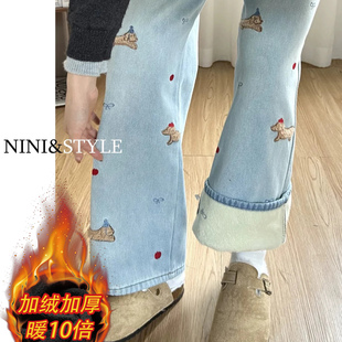 腊肠狗刺绣浅色加绒阔腿牛仔裤男女秋冬季新款高腰显瘦宽松直筒裤