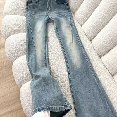 浅色微喇牛仔裤女2026冬季新款小个子高腰修身显瘦马蹄喇叭裤子