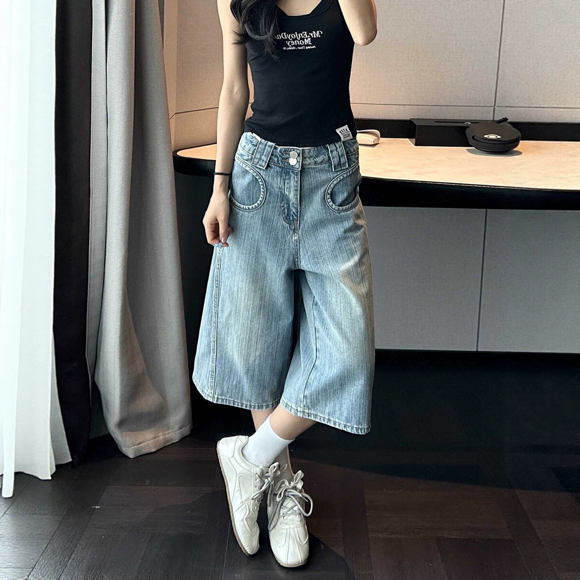 浅色七分牛仔裤女夏薄款2026新款高腰显瘦宽松阔腿百搭直筒短裤子