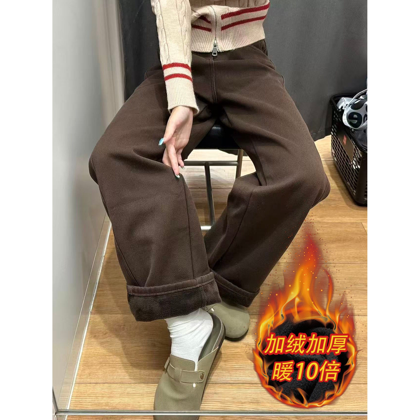咖啡色加绒加厚宽松直筒弯刀牛仔裤女秋冬新款高腰显瘦窄版阔腿裤