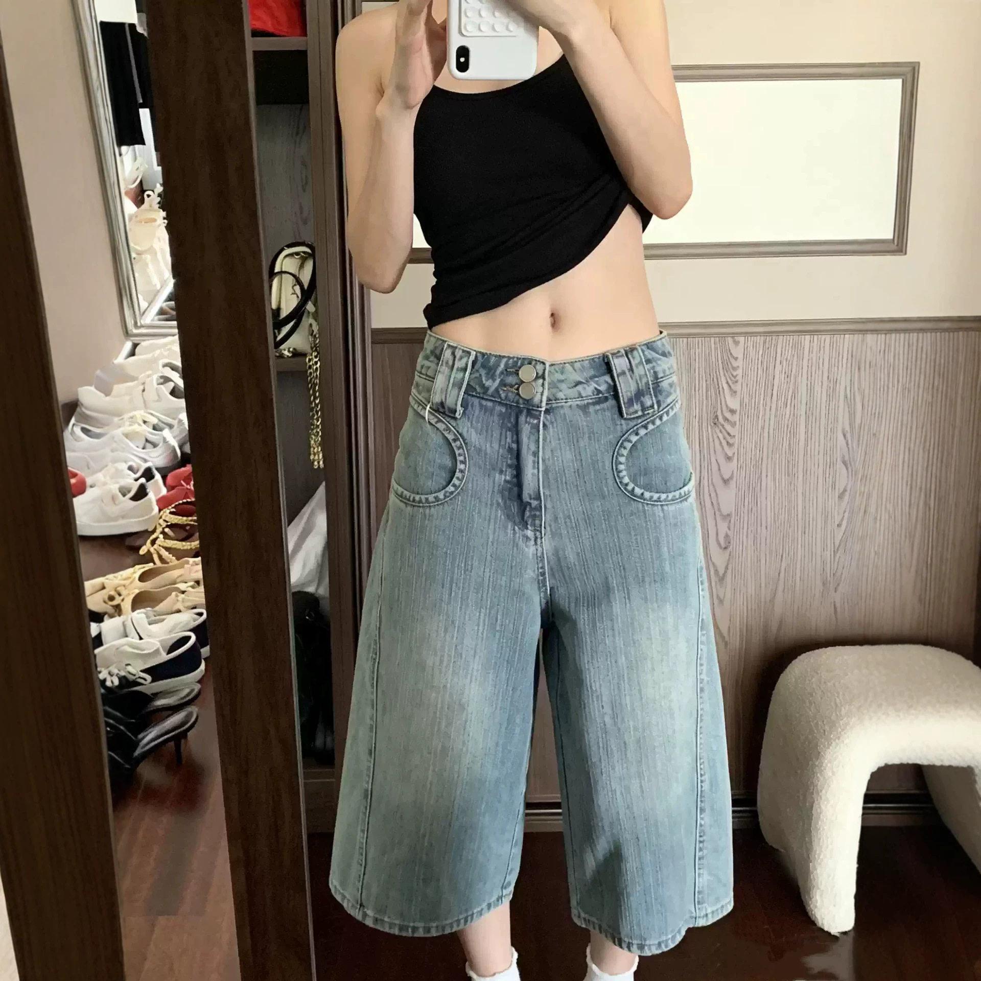 高腰水洗牛仔七分裤女夏季2026新款宽松显瘦阔腿裤设计感百搭中裤