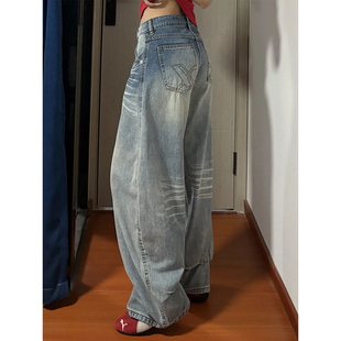 美式立体猫须做旧牛仔裤女薄款宽松直筒阔腿裤小众设计感拖地裤子