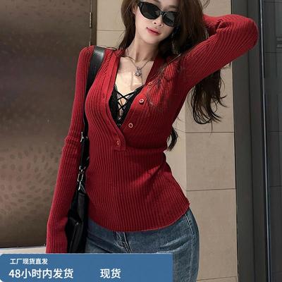 大码氛围感深v领长袖针织衫女秋冬辣妹微胖修身显瘦内搭打底上衣