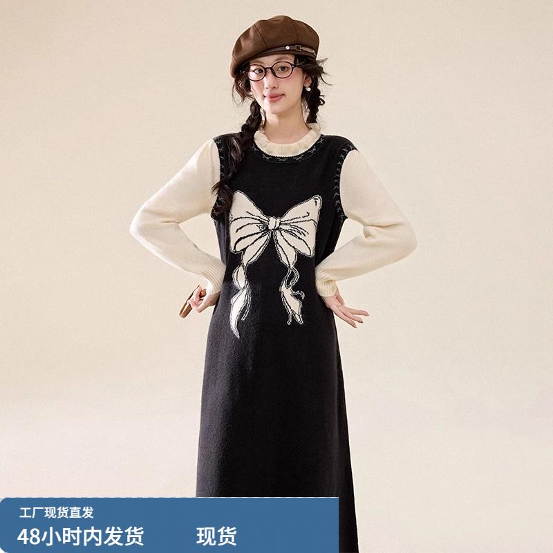 高级感假两件针织连衣裙女秋冬大码胖mm法式显瘦蝴蝶结打底毛衣裙