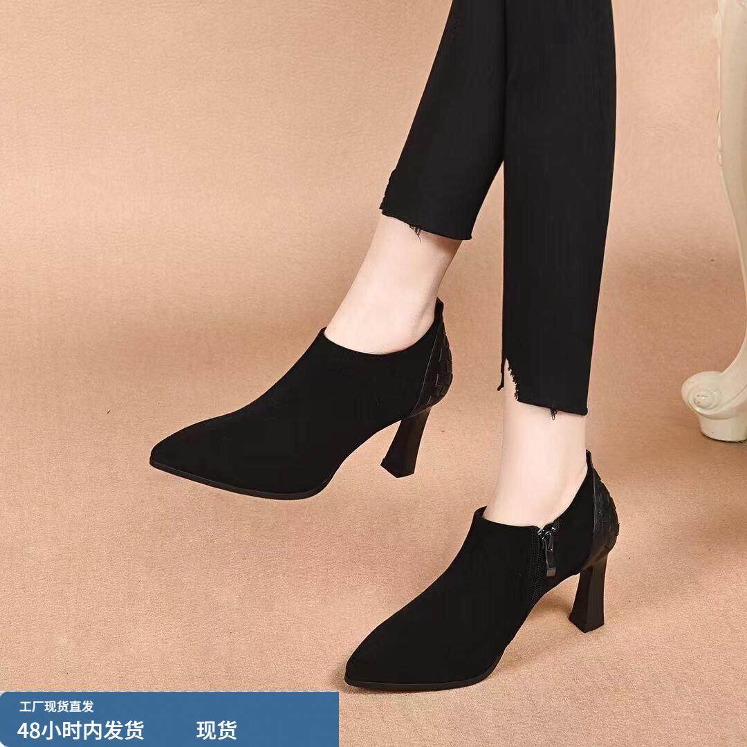 深口单鞋女2025秋季新款磨砂细跟尖头高跟鞋真皮中跟软底春秋皮鞋