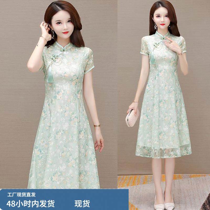 新中国风民族风印花改良旗袍冬装中年妈妈覆古丝绒加厚日装