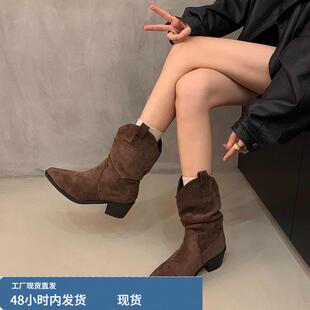 粗跟短筒靴西部靴女款靴子法式堆堆靴春夏款小个子卡其色短靴女靴