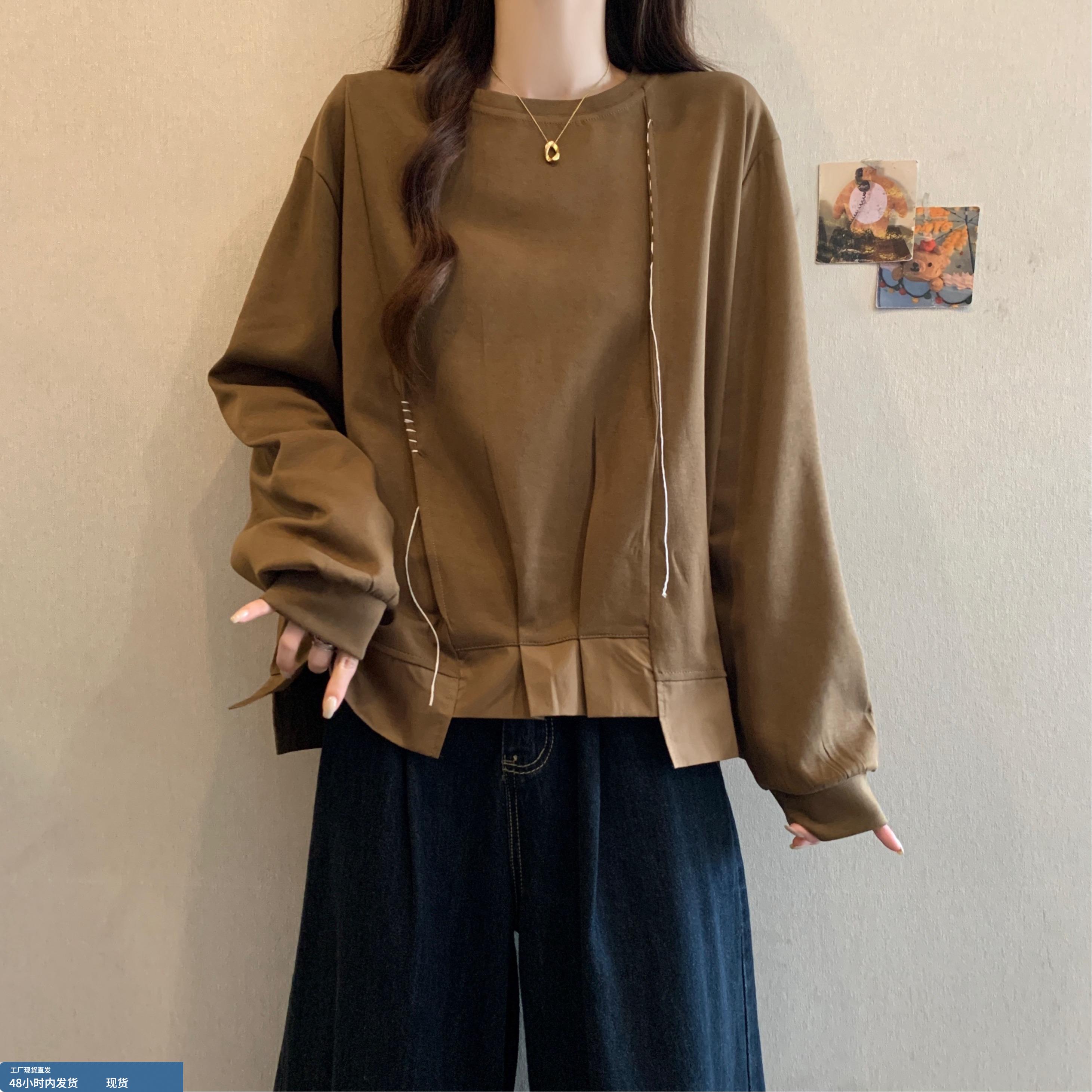 时尚不规则压褶套头卫衣女秋冬大码胖妹妹设计感洋气显瘦百搭上衣