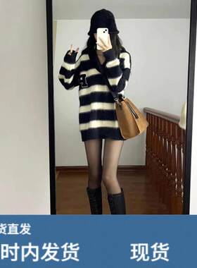 2026新款韩版慵懒风复古宽松高级感学院风仿马海毛条纹毛衣女春季