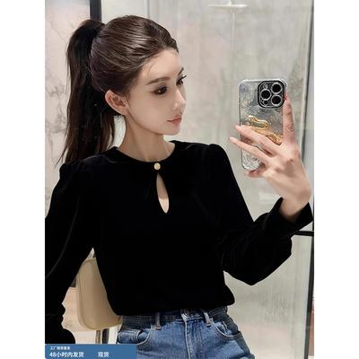 高级感丝绒镂空衬衫女秋冬新款独特别致显瘦百搭外穿打底气质上衣