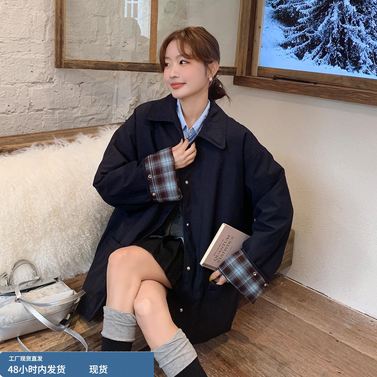 学院风格子拼接翻领羽绒服女冬中长款宽松休闲工装风羽绒内胆外套