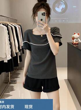 法式方领珍珠拼接短袖T恤2026夏季新款大码女装胖mm显瘦正肩上衣