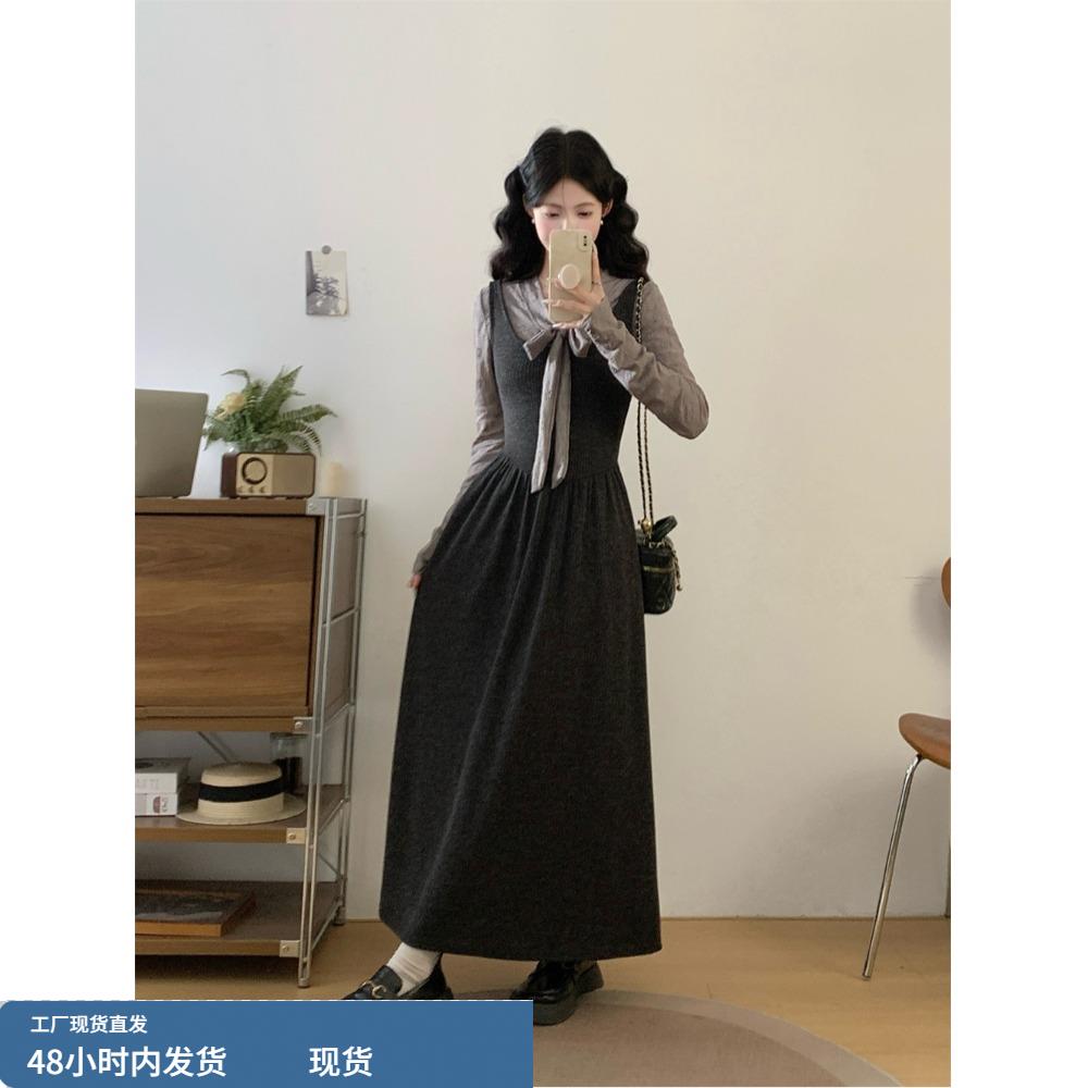 小香风蝴蝶结上衣背心吊带裙套装女秋冬大码胖妹妹减龄气质两件套