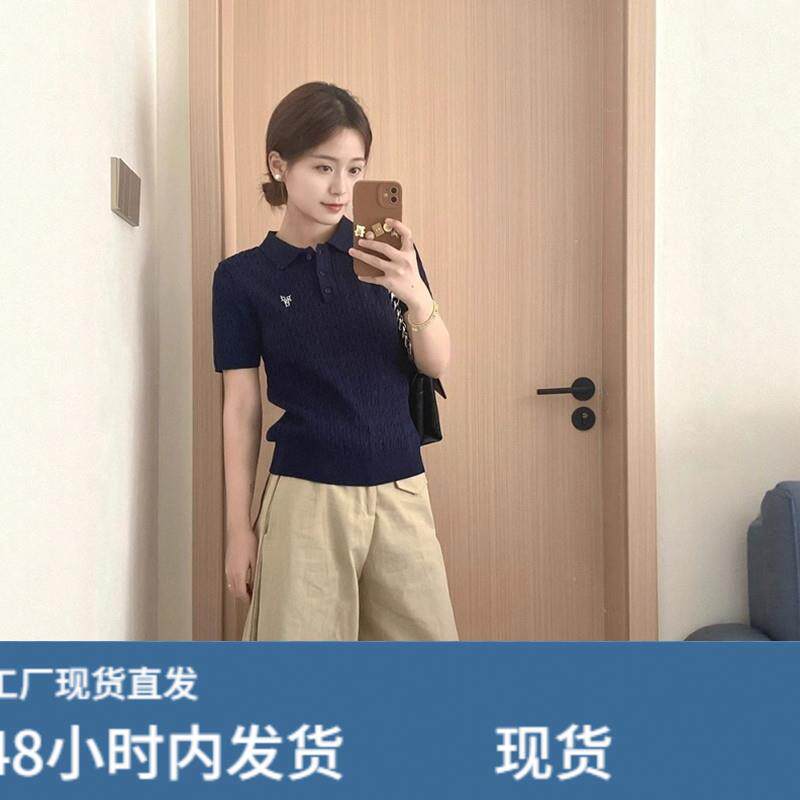 藏青色polo领正肩冰丝针织短袖t恤女夏季超好看麻花刺绣翻领上衣