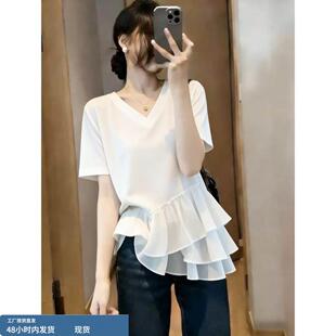 短袖t恤女款2026夏季新款V领下摆荷叶边正肩显瘦巨好看遮肚子上衣