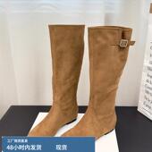 法式 随性皱褶堆堆靴女高筒靴覆古西部牛仔靴春秋单靴内增高长靴子