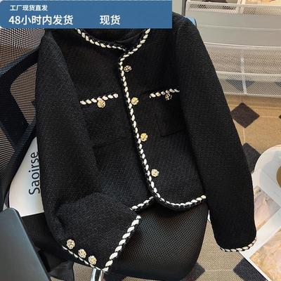 气质名媛黑色小香风外套女秋冬小个子夹棉加厚法式高级感短款上衣