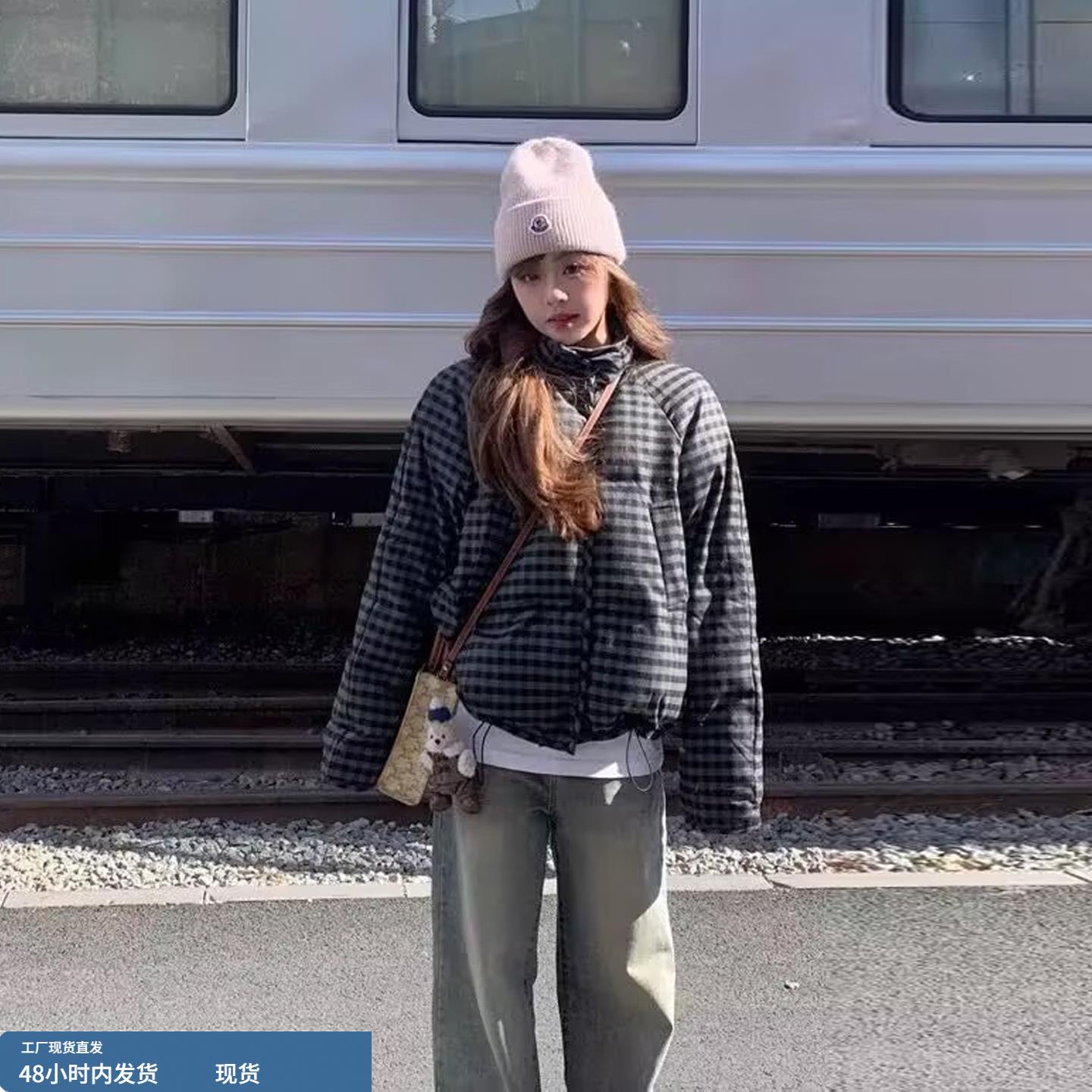 高充绒量高级感格子巨好看的白鸭绒羽绒服女2025冬季新款保暖短款