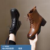 真皮切尔西短靴女2024秋冬新款 方头粗跟单靴百搭英伦风马丁靴加热