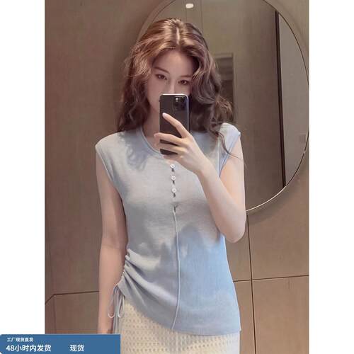 设计感小众女气质高端大码内搭蓝色T恤2026夏百搭无袖上衣法式款