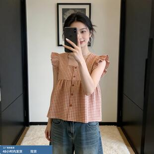 衬衫 别致小衫 2026夏季 多巴胺穿搭短款 新款 韩系chic方领格子飞飞袖