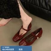 女春秋气质方头通勤浅口单鞋 羊皮版 小香风粗高跟一字带玛丽珍鞋
