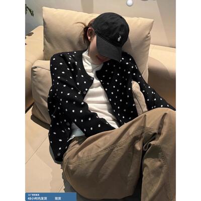 韩系温柔波点黑色针织开衫女秋冬老钱风慵懒宽松毛衣外套外搭上衣