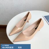 软皮漆皮一脚蹬低跟尖头小众3cm单鞋 裸色小跟女高跟鞋 2023年新款