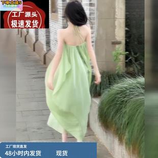巨好看度假长裙 法式 无袖 挂脖吊带绿色薄纱连衣裙子女夏季 2025新款