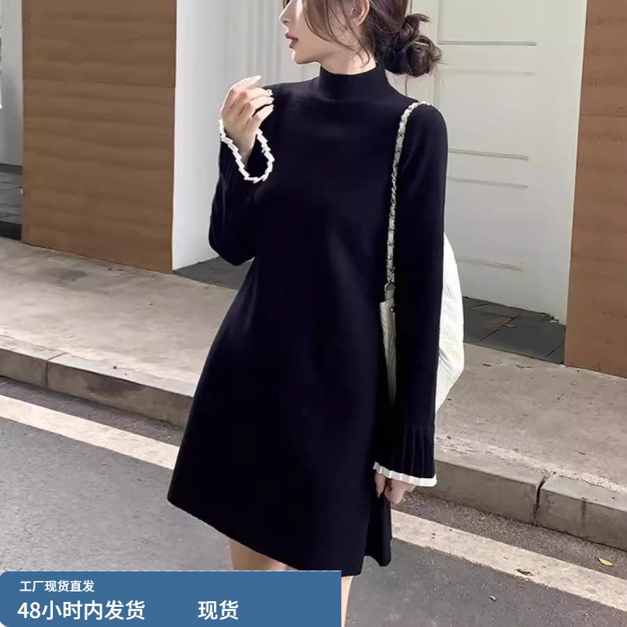 秋冬新款大码女装赫本风黑色半高领针织连衣裙女配大衣收腰打底裙