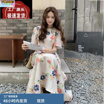 法式刺绣印花泡泡袖连衣裙女夏季2025新款苎麻高级感轻薄碎花长裙
