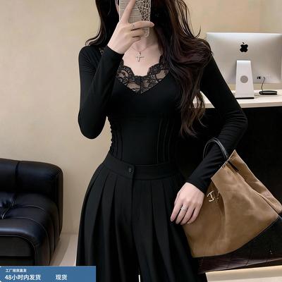 时尚气质蕾丝拼接长袖打底衫女2025秋季新款V领黑色修身显瘦上衣