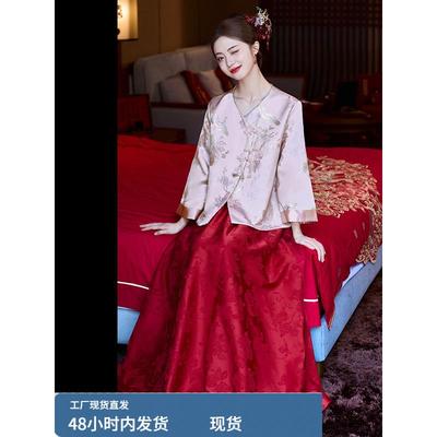 新中式上衣外套红色马面裙套装女秋冬大码胖mm气质订婚礼服两件套
