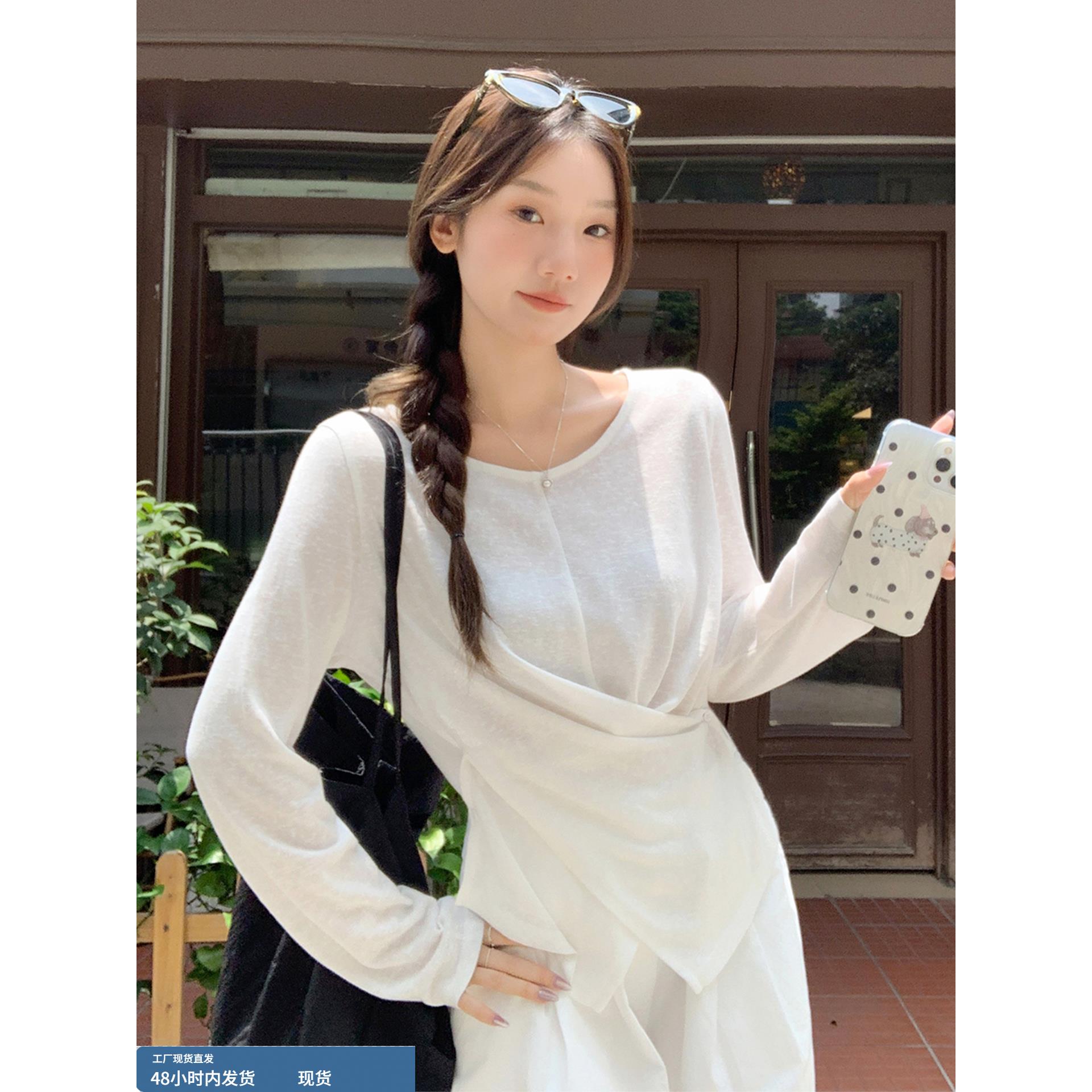 不规则白色T恤女秋季长袖打底衫2025新款设计感别致圆领收腰上衣