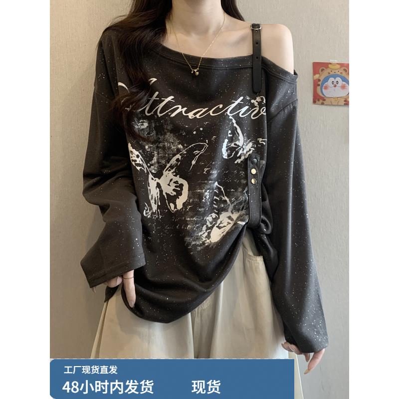 大码女装2025新款秋季韩系chic别致上衣美式纯欲风斜领印花t恤女