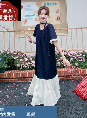深蓝色连衣裙女2025年夏季新款韩系休闲复古蕾丝拼接假两件牛仔裙