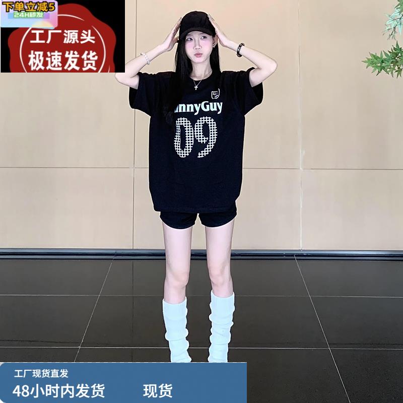 美式复古黑色印花短袖t恤女2025夏季新款慵懒风休闲百搭显瘦上衣