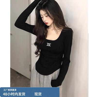 欧货黑色方领纯棉长袖t恤女秋冬修身显瘦时尚休闲内搭打底衫上衣