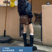 显瘦机车骑士靴高筒长筒靴 不过膝搭扣长靴女厚底真皮时尚 冬季 新款