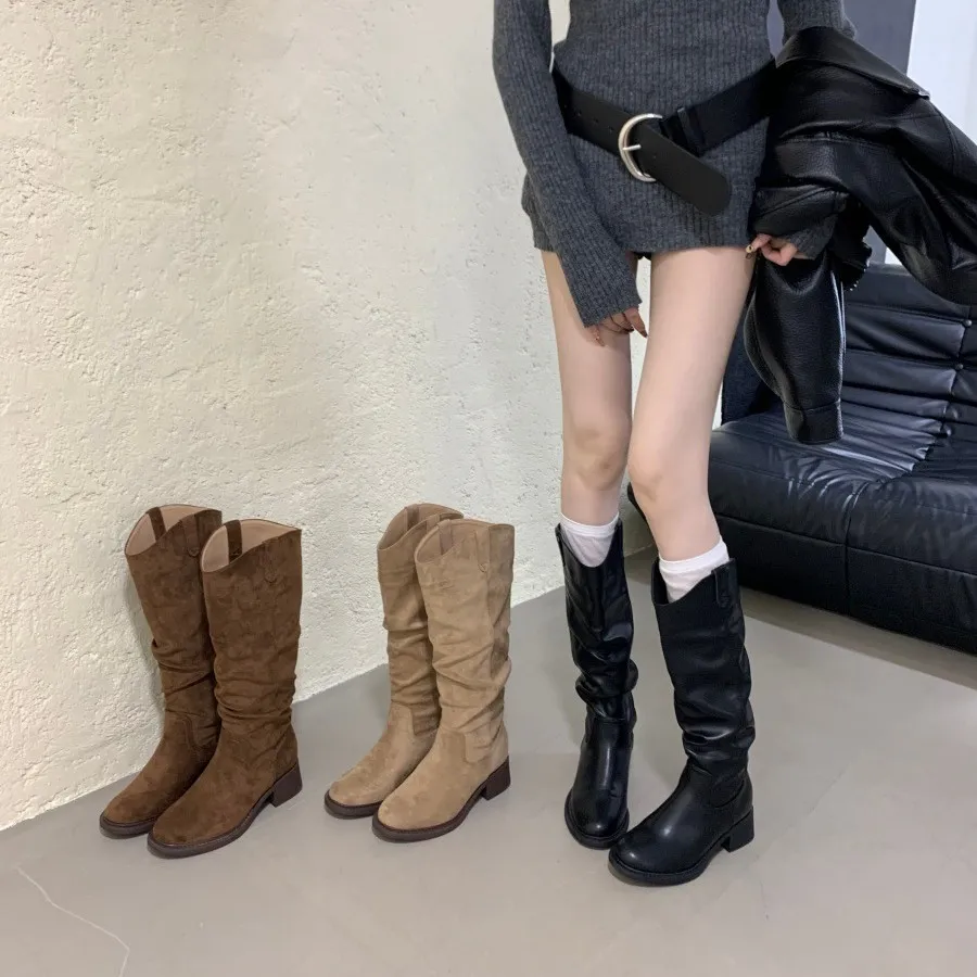 8CMV口深棕内增高美拉德长筒靴女弹力套脚软底防滑加绒褶皱堆堆靴