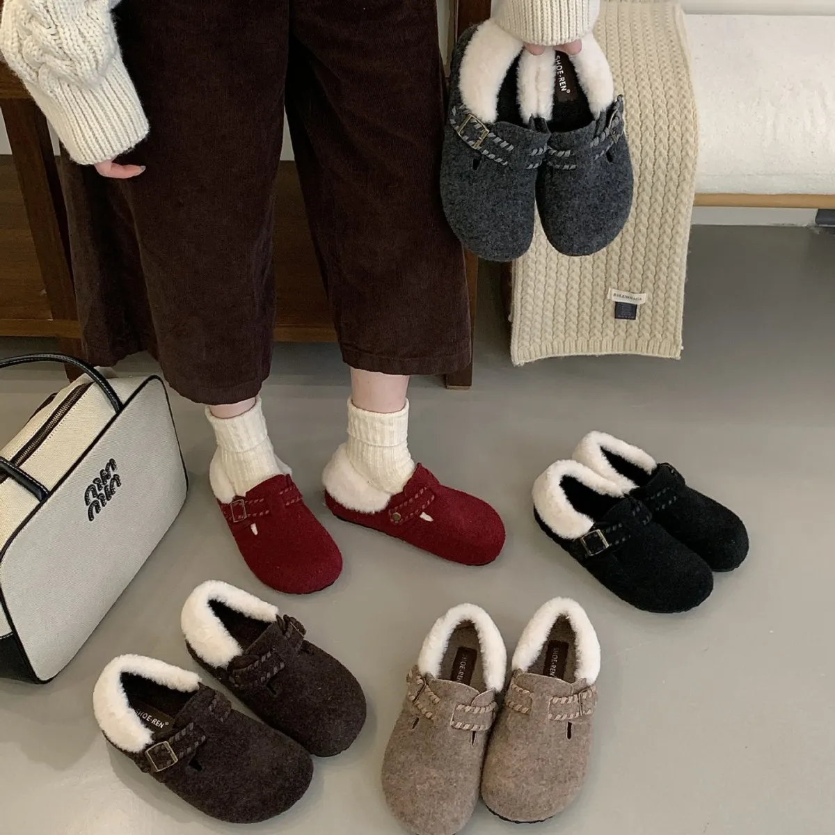 2025秋冬新款厚底毛鞋女冬外穿保暖加绒鞋小个子豆豆棉鞋