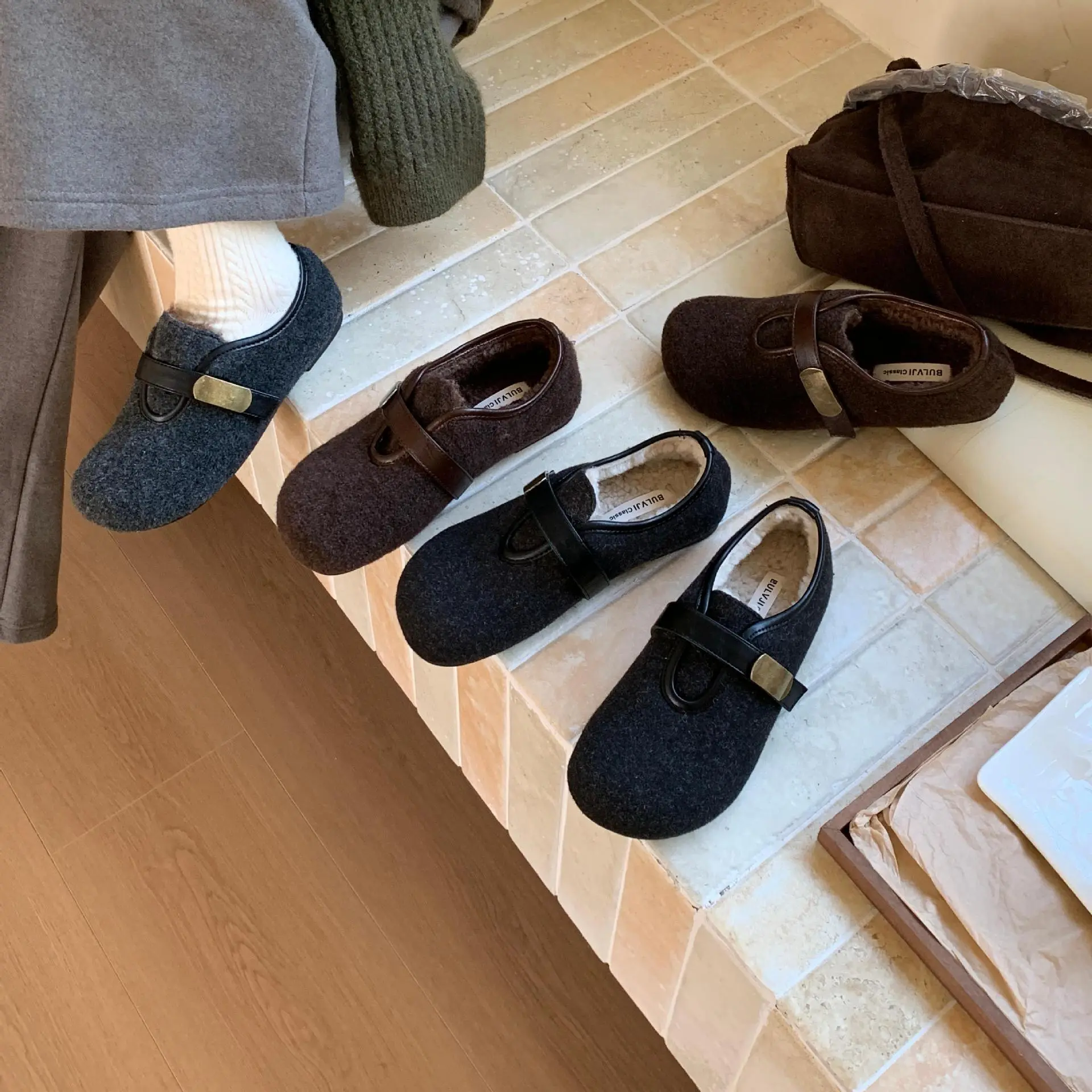 森系加绒乐福鞋女2025年秋冬新款圆头毛毛勃肯鞋保暖棉鞋女豆豆鞋