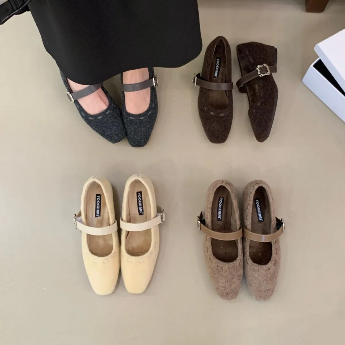 2025新款秋冬一字带金属扣毛呢浅口软底套脚百搭加绒芭蕾女单鞋