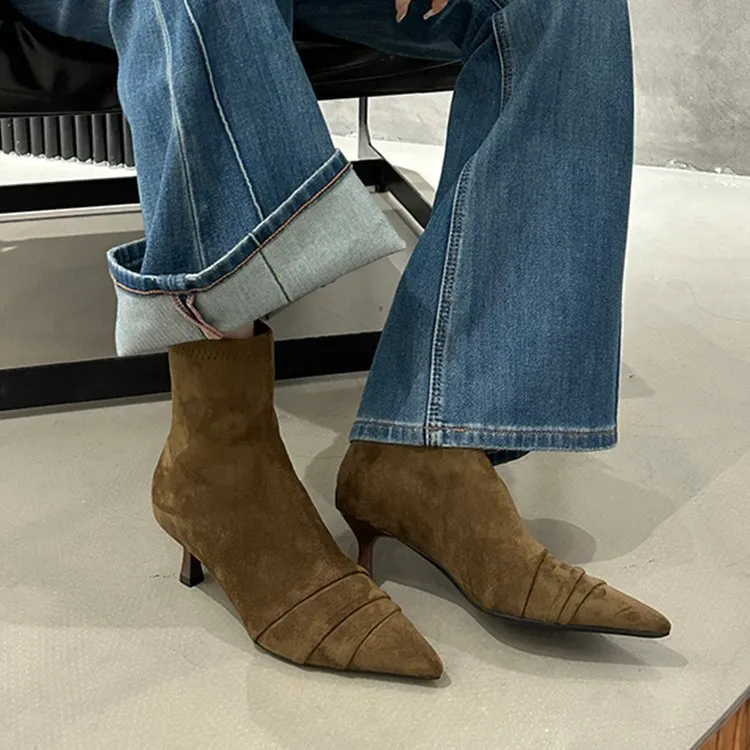 尖头短靴女2025秋冬季新款女靴高跟鞋靴子瘦瘦靴细跟短筒靴马丁靴