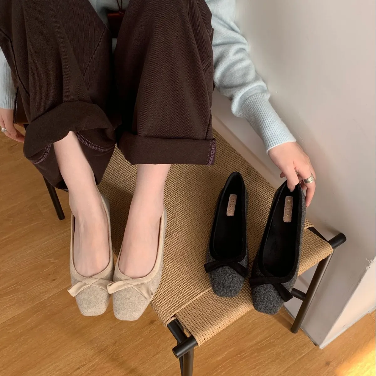 2025新款毛呢小方头蝴蝶结加绒粗低跟晚晚风法式软底通勤女单鞋