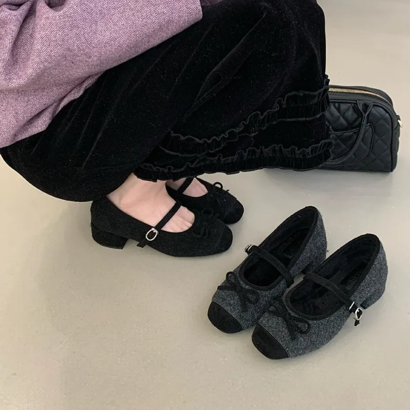 温柔蝴蝶结芭蕾舞单鞋女2025新款不累脚内增高粗跟绒面玛丽珍鞋