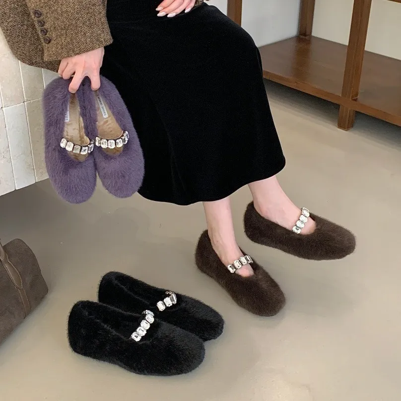 内增高单鞋法式玛丽珍毛毛鞋女鞋子2025年秋冬新款加绒棉鞋